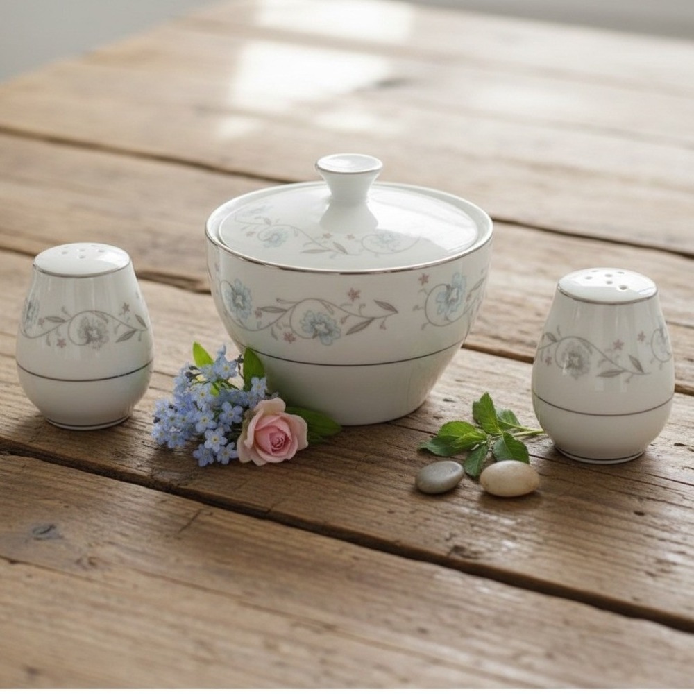 English Garden Salt & Pepper Shaker Set With Sugar Bowl, Fine China of Japan